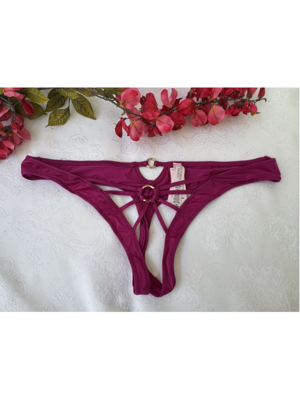 VICTORIA'S SECRET L PINK HIGH LEG CUT OUT STRAPPY THONG TANGA CHARM PANTIES NWT